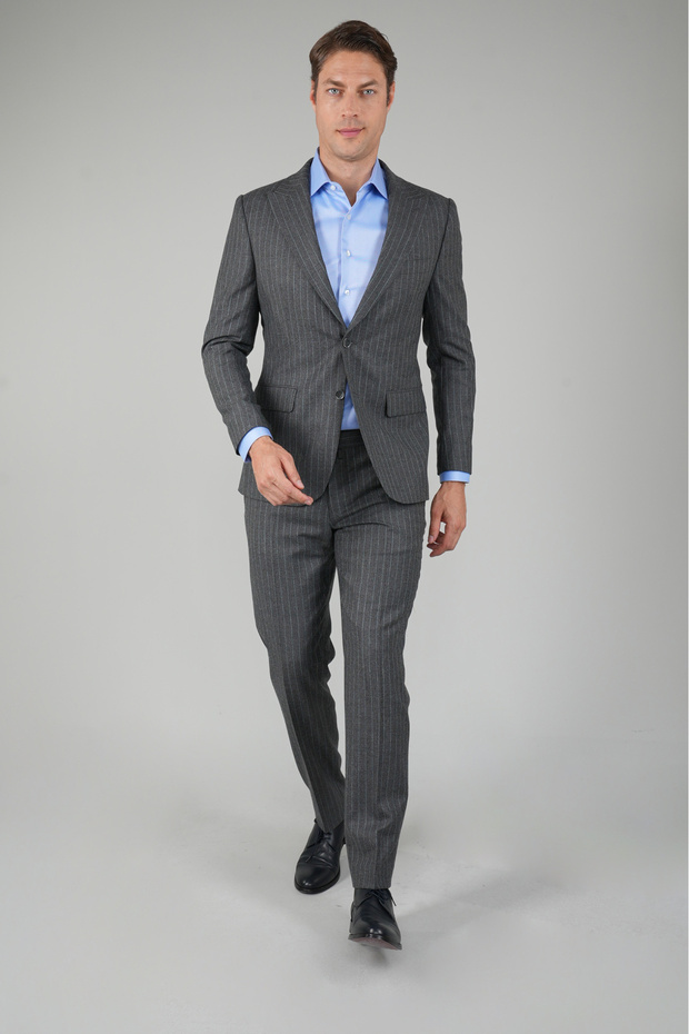 Gray Wool Cashmere Buttoned Striped Swallow Collar 6 Drop Suit