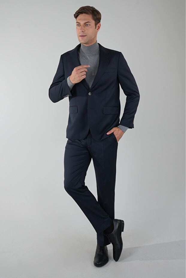 Navy Blue Wool Buttoned Mono Collar 4 Drop Suit