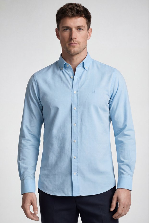 Turquoise Regular Fit Cotton Linen Pocketless Long Pasha Collar Shirt