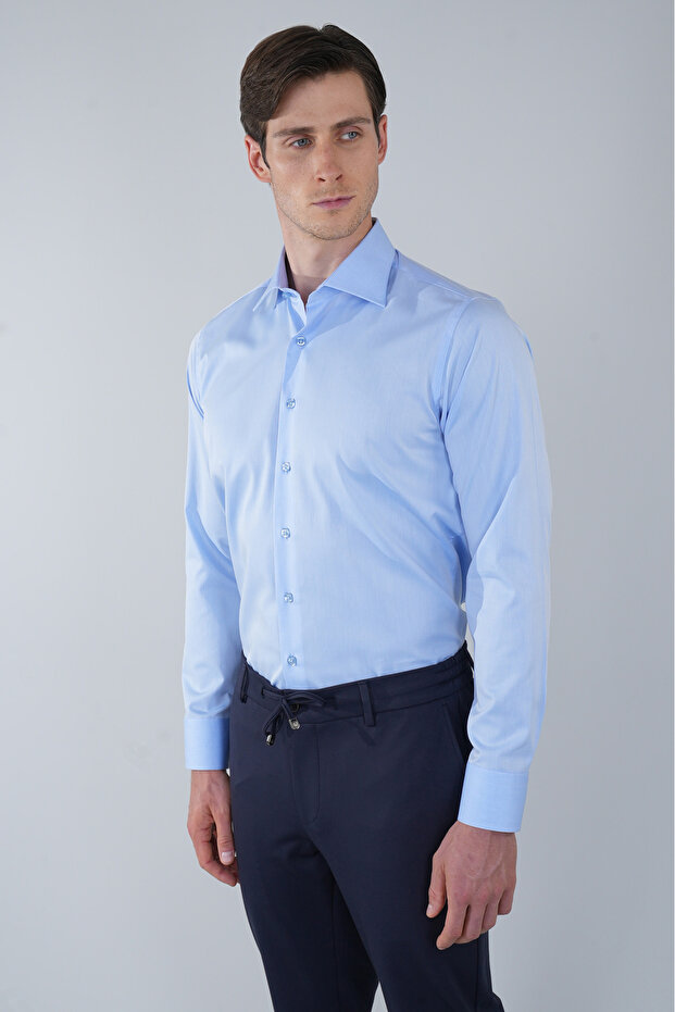 Blue Regular Fit Cotton Pocketless Classic Collar Long Shirt