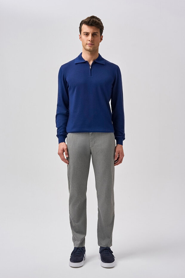 Light Navy Blue Regular Fit Wool Zippered Polo Collar Knitwear
