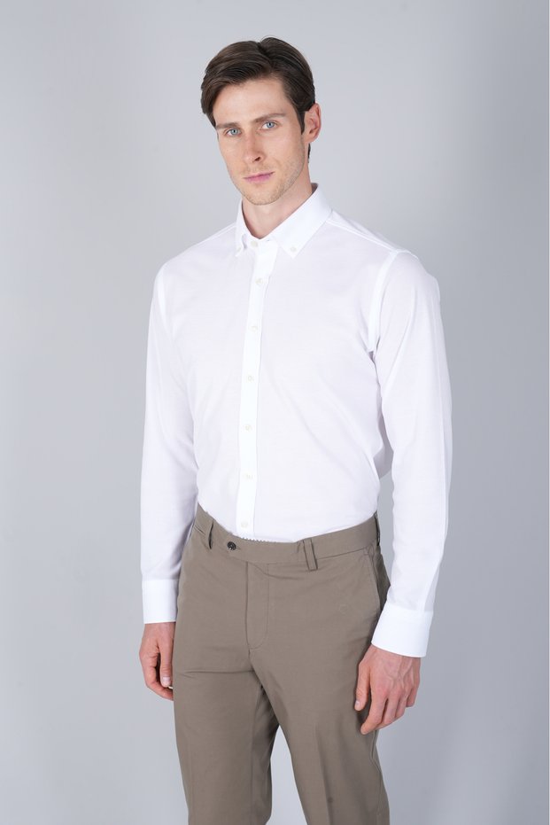 White Regular Fit Cotton Pocketless Long Pasha Collar Knitted Shirt