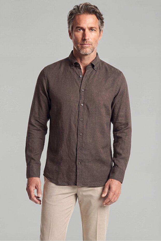 Brown Regular Fit Linen Pocketless Buttoned Pascha Collar Dark Shirt