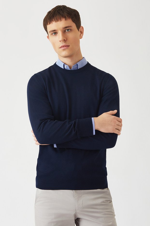 Crew Neck Navy Blue Men's Knitwear