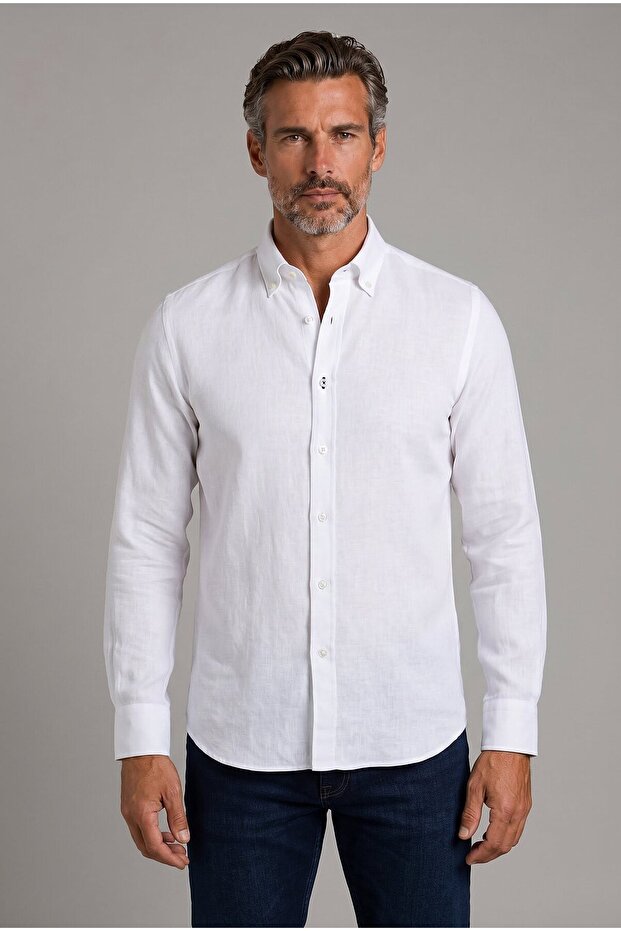 White Regular Fit Linen Pocketless Pascha Collar Shirt
