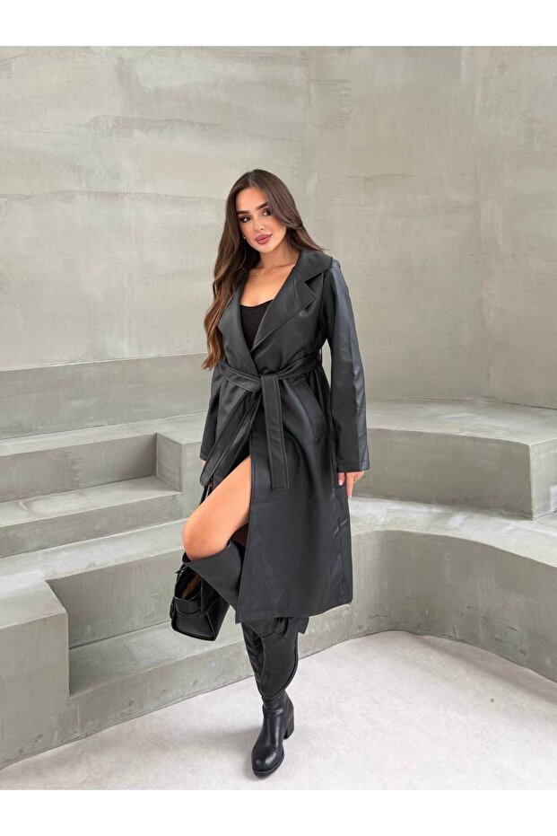 Belted Premium Faux Leather Double-Breasted Collared Belted Long Trench Coat