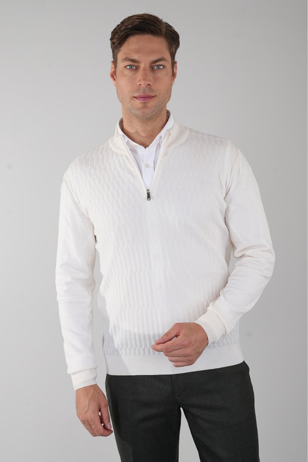 White Regular Fit Wool Zippered Half Fisherman Full Jacquard Knitwear