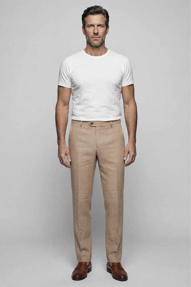 Beige Linen Viscose Mixed Sports Trousers with Pockets