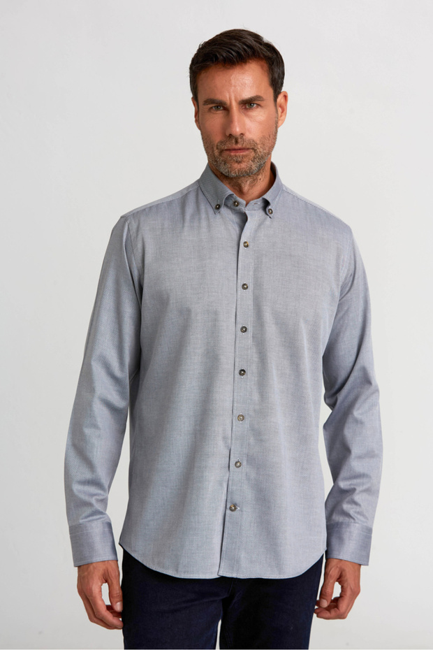 Bisse Regular Fit Sports Shirt - U. Sleeve, Rust Collar, Button, Thin Diagonal Gray