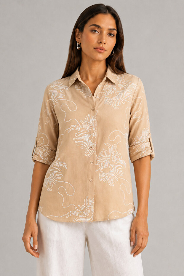 Stone Chain Sleeve Folded Linen Shirt