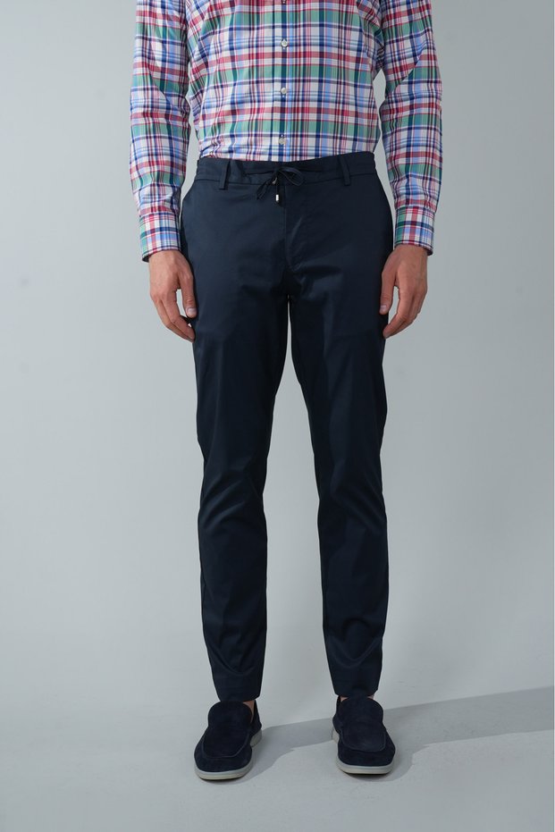 Navy Blue Cotton Pocketed Lace-Up Cotton Comfort Elastic Sports Trousers