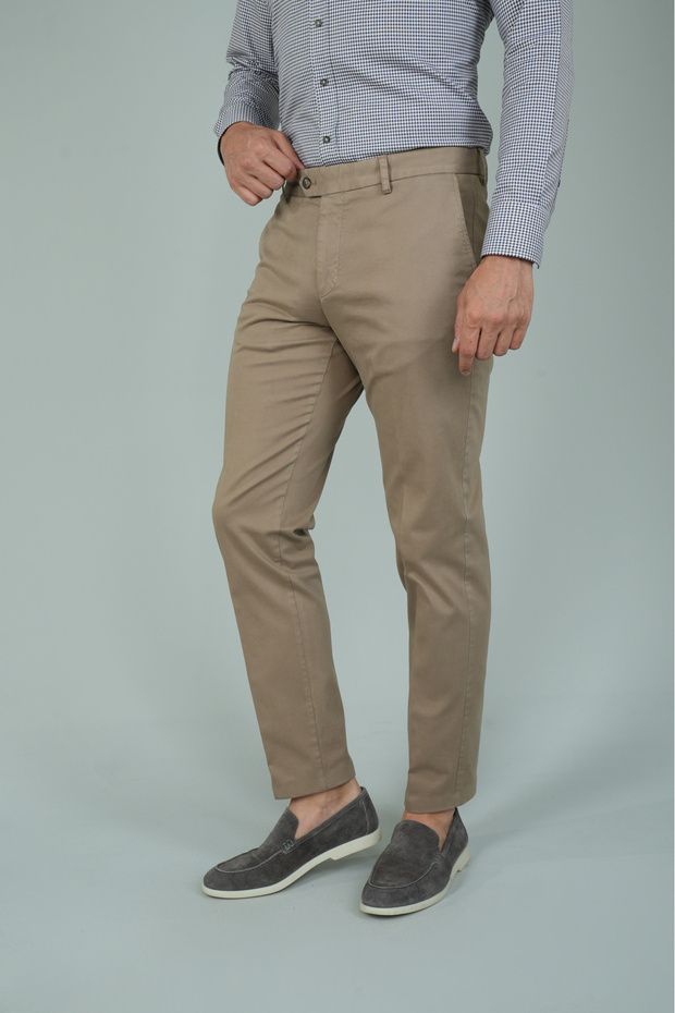 Beige Cotton Chino Unpleated Men's Trousers