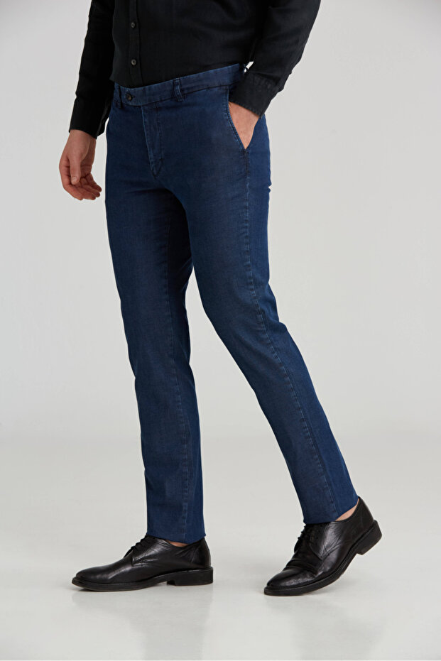 Indigo Cotton Denim Pocket Jean Trousers