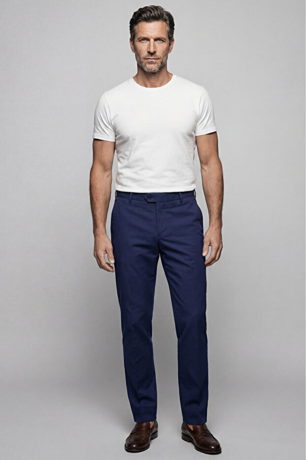 Navy Blue Cotton Open Pleatless Sports Trousers with Pockets