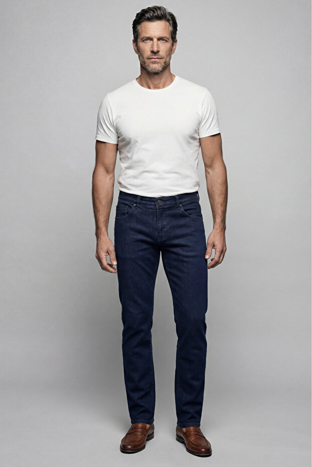 Navy Blue Denim Cotton 5-Pocket Men's Trousers