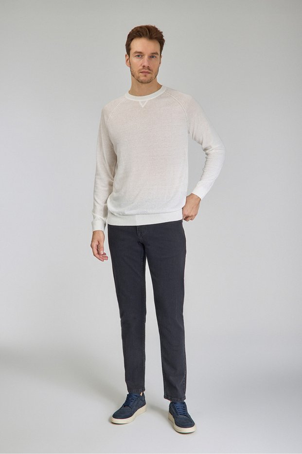 Ecru Cotton Long Crew Neck Knitwear