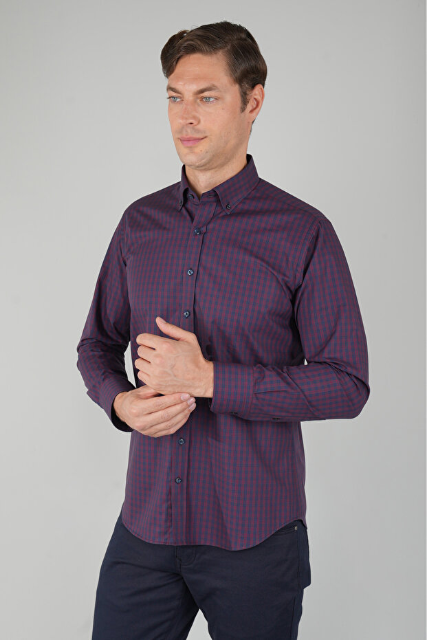 Navy Blue Regular Fit Cotton Long Sleeve Checkered Shirt
