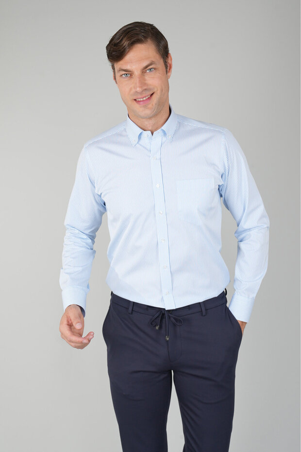 Light Blue Regular Fit Cotton Long Sleeve Striped Shirt
