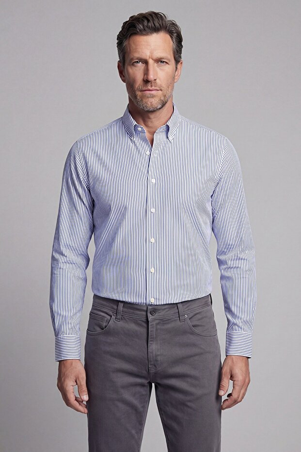 Navy Blue Regular Fit Pocketless Buttoned Long Collar Shirt