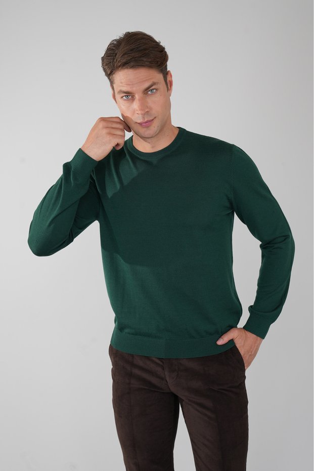 Men's Green Crew Neck Wool Knitwear