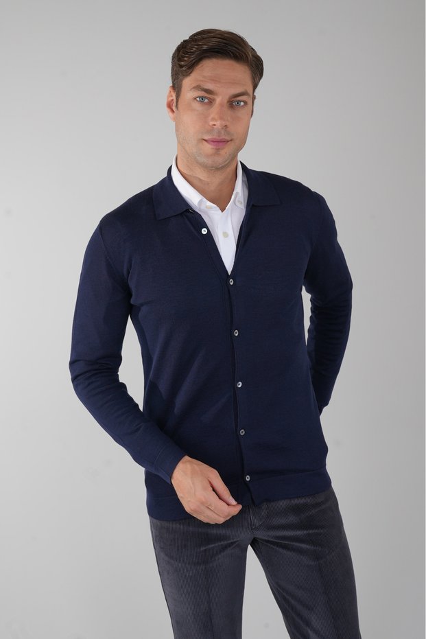 Wool Navy Blue Men's Knitwear Cardigan