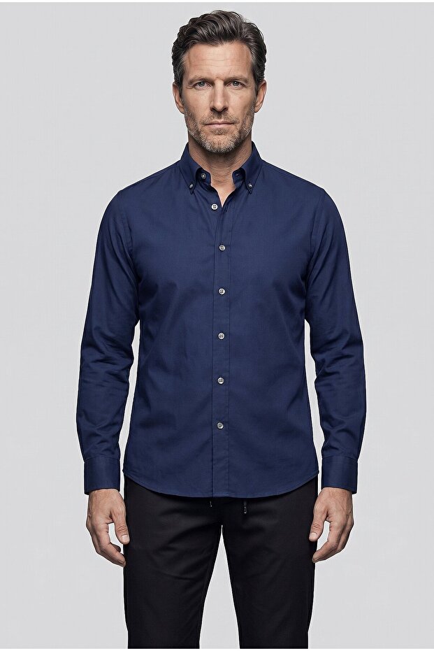 Navy Blue Regular Fit Cotton Pocketless Long Pasha Collar Shirt