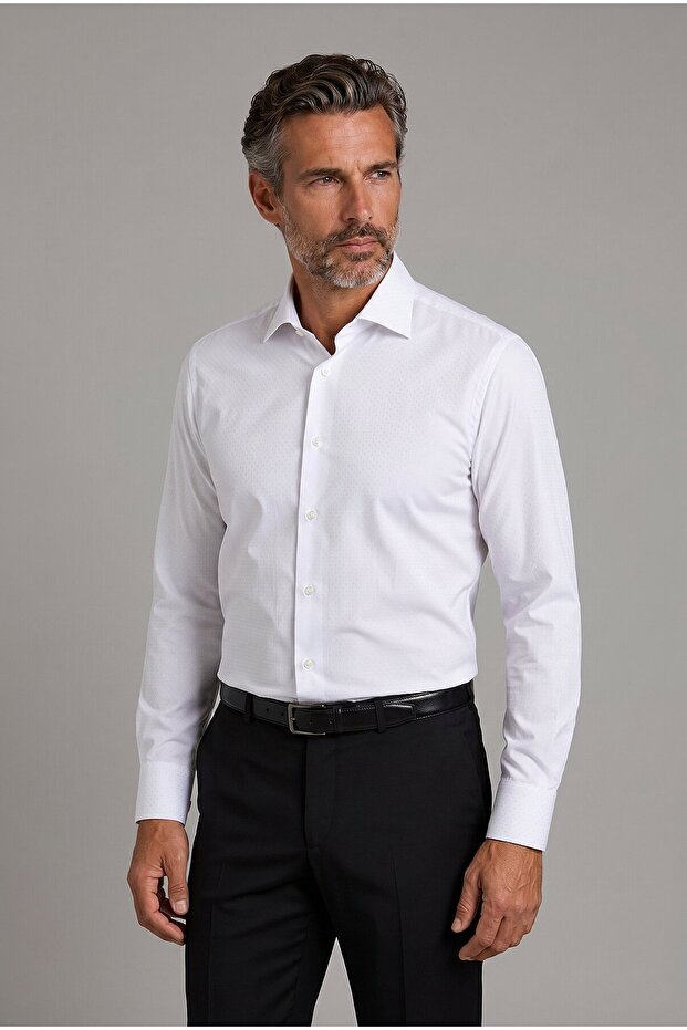 White Regular Fit Cotton Pocketless Classic Collar Long Shirt