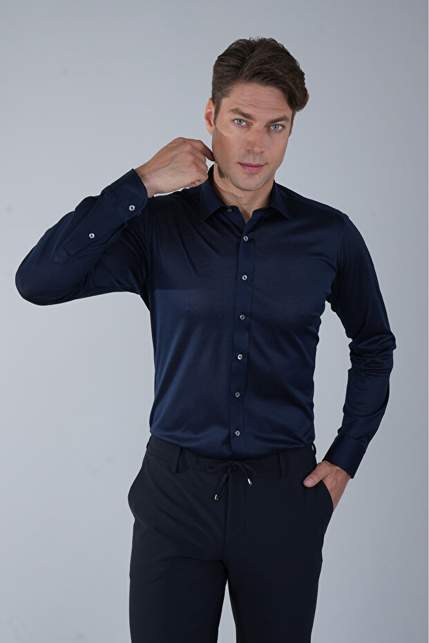 Navy Blue Regular Fit Cotton Platinum Dark Shirt