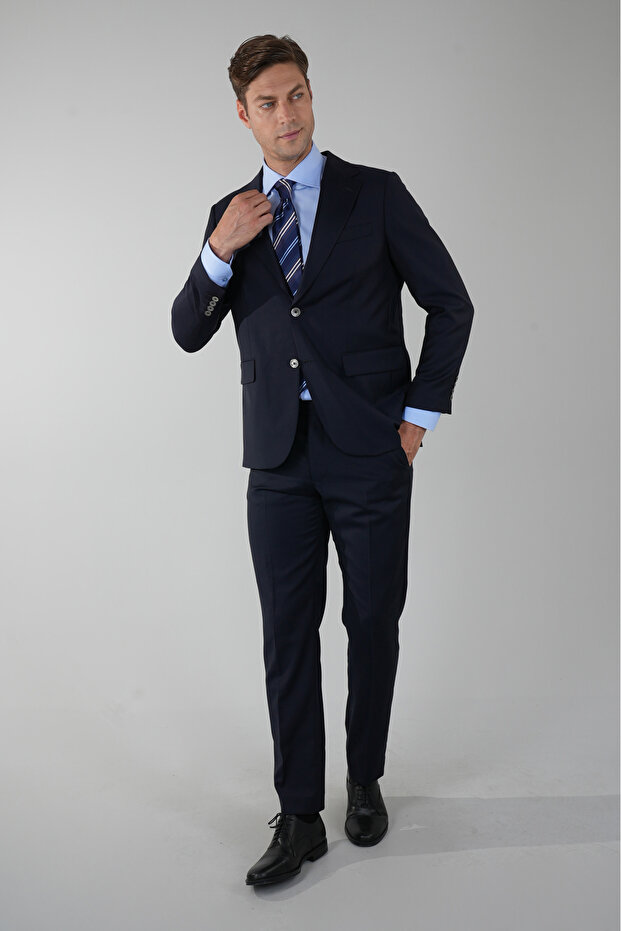 Navy Blue Wool Buttoned Mono Collar 4 Drop Suit