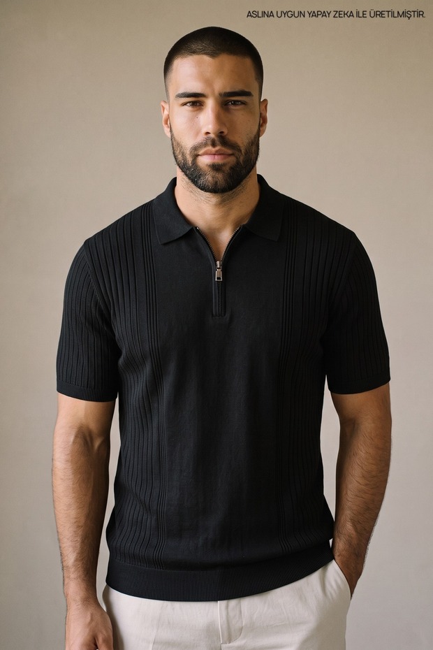 Men's Regular Striped Black Short Sleeve Polo Collar t Shirt
