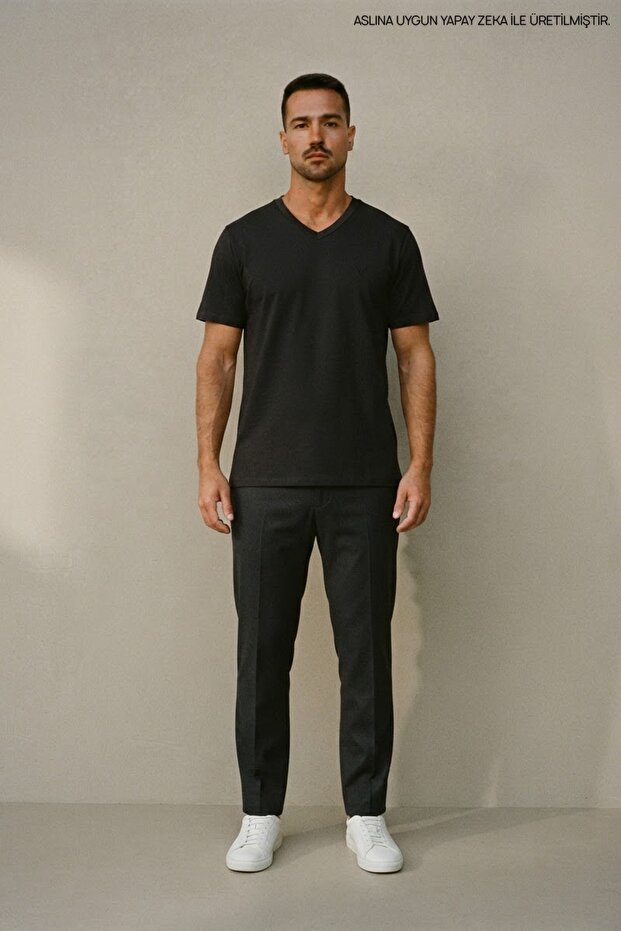 Men's Summer Trend Cotton Basic V-Neck Black T-Shirt
