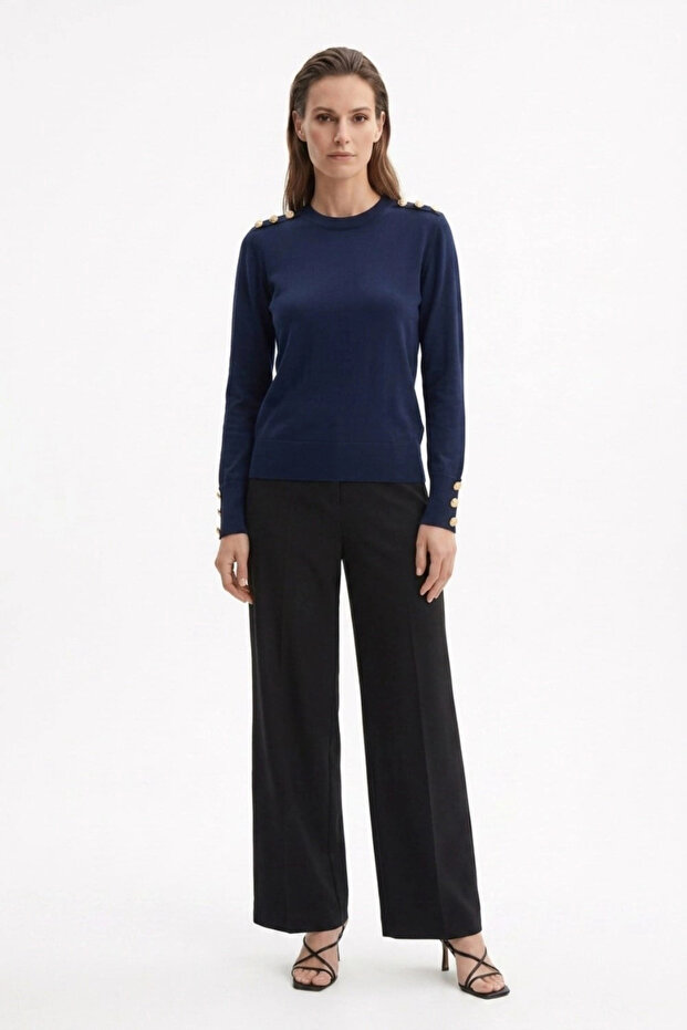 Shoulder Gold Button Detailed Knitwear Sweater Navy Blue 203