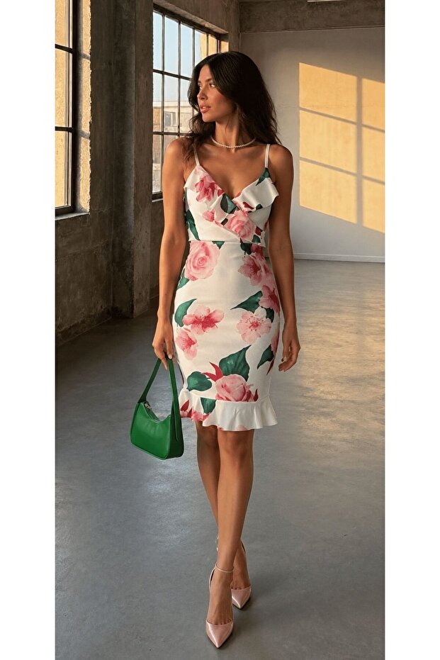 White Floral Patterned Rope Strap Mini Dress 58799