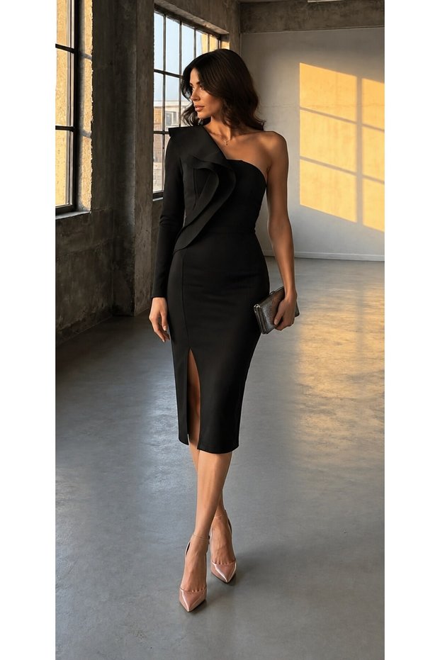 One-Shoulder Flounce Detailed Black Midi Length Slit Evening Dress 582682