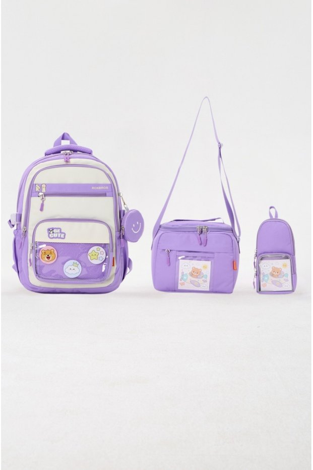 Kawaii Korean Style Set of 3 with Accessories Lilac Girls' School Bag Primary School Backpack Lunch Bag Pencil Case