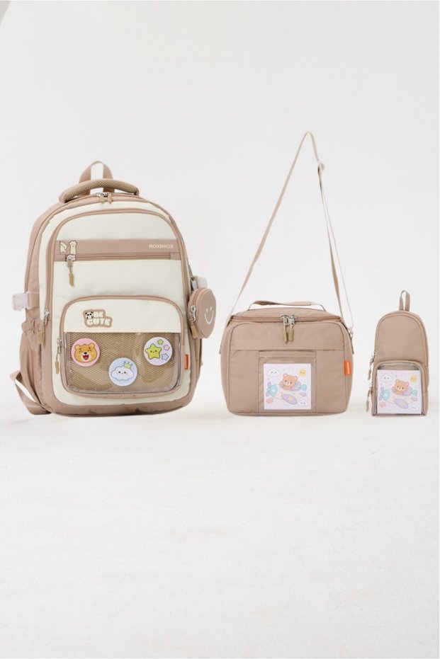 Set of 3 with Korean Style Accessories Beige Girls & Boys Elementary School Backpack Lunch Bag Pencil Case
