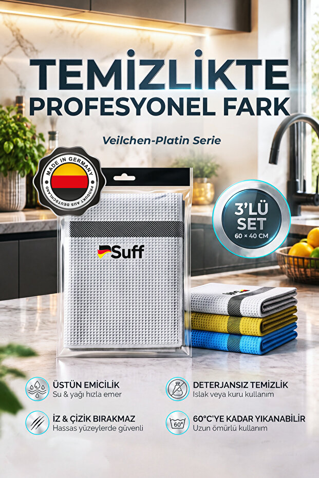 Veilchen Platin Series 3-Piece Microfiber Cloth Set Non-Marking Non-Scratch Premium Kitchen Cleaning Cloth 60X40 cm