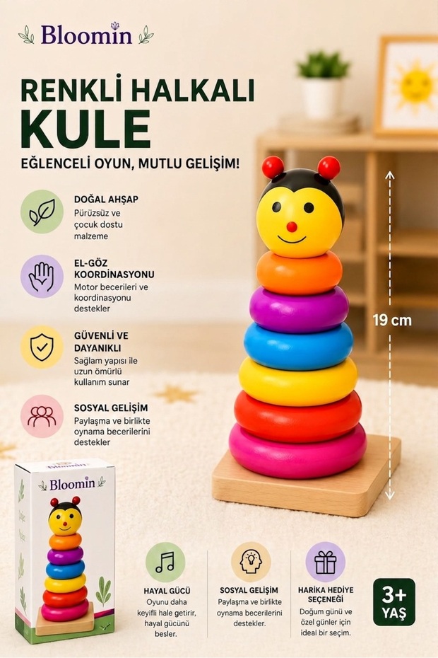 Wooden Colorful Ring Tower Coordination and Intelligence Game Wooden Children's Baby Educational Boxed Toy Ari
