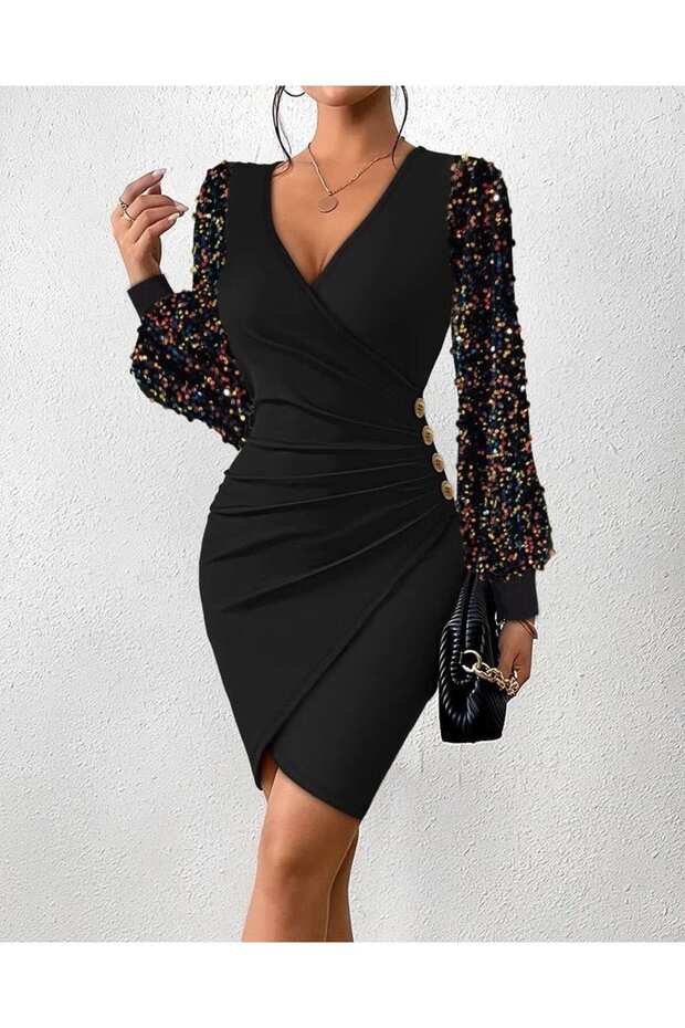 Women's Long-Sleeve Sequin Double-Breasted Collar Side Button Short Imported Crepe Dress