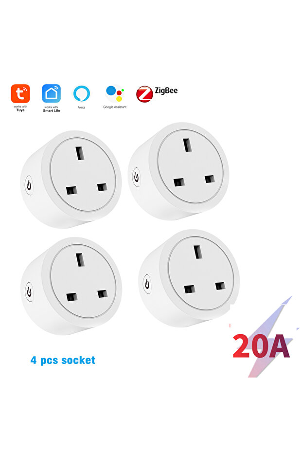 قابس ذكي Tuya Zigbee-20A-4pcs بريطاني 100-240 فولت، مقبس واي فاي زيجبي يعمل مع أليكسا وجوجل هوم، 1 قطعة