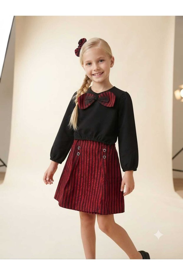 Girl's Black Blouse Striped Skirt Buckle 3-Piece Set
