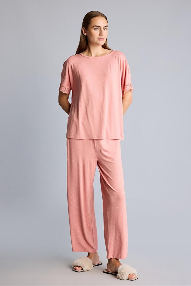 Regular Fit Short Sleeve Lace Detailed Top Wide Leg Bottom 2-Piece Pajama Set I5544Ax26Au
