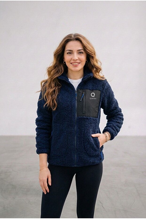Women's Navy Blue Comfortable Fit Full Zipper Thick Plush Welsoft Fleece Jacket with Front Pockets