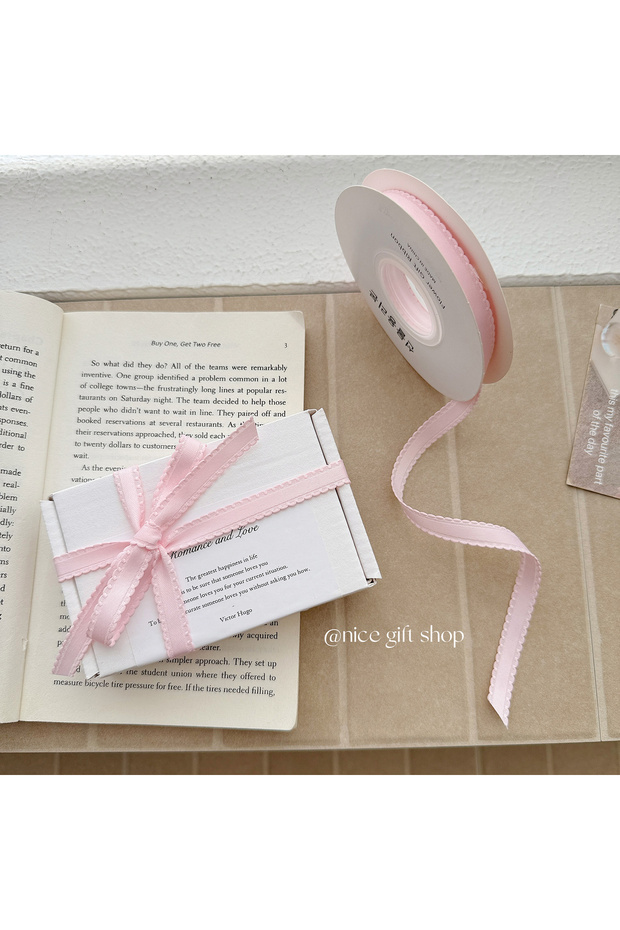 1pc Pink 10yards Solid polyester ribbon with lace Double-sided encryption Gift wrapping ribbons diy