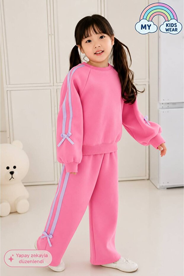 Girls' Double Ribbon Three Thread Tracksuit Set 3-10 Years Old 12340