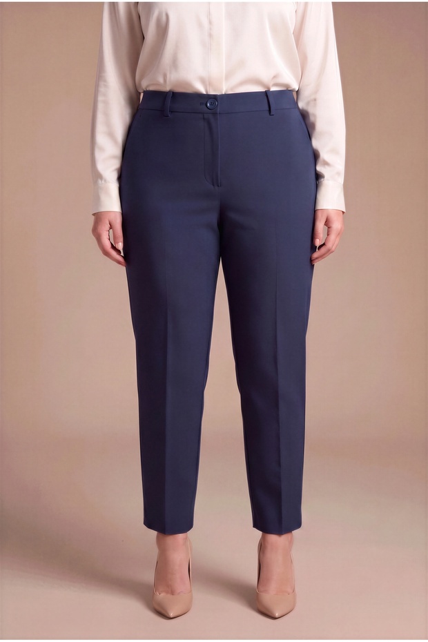 Paça Slit Large Size Gabardine Trousers Navy Blue