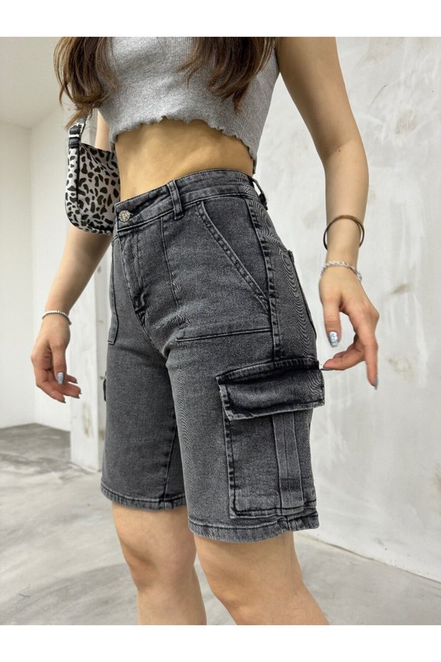 High Waist Stretchy Women's Jeans - Smoke, Cargo Pocket, Bermuda Shorts
