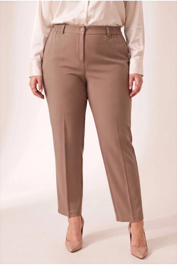 Elastic Waist Plus Size Gabardine Wide Leg Trousers Mink