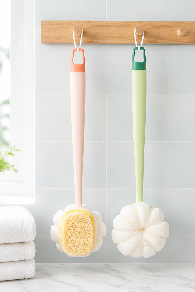 2 in 1 shower body brush with bristle and loofah Long Handle Back Brush