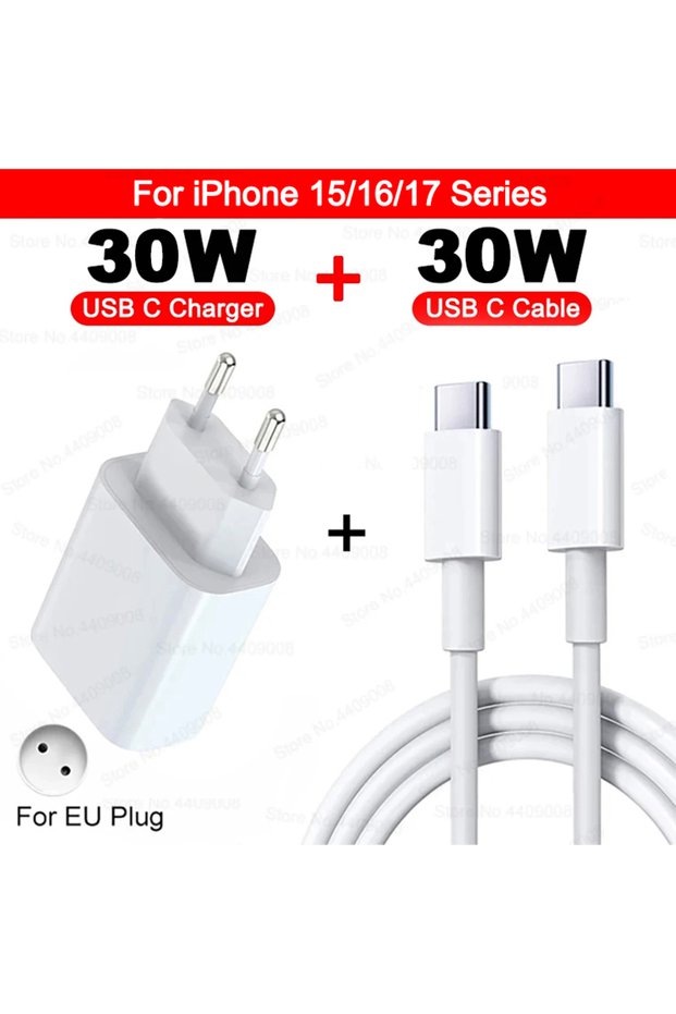 EU 2IN1 TypeC to C For Apple 30W Charger USB Type C Fast Charger For iPhone 13 15 17 14 12 11 16 Pro